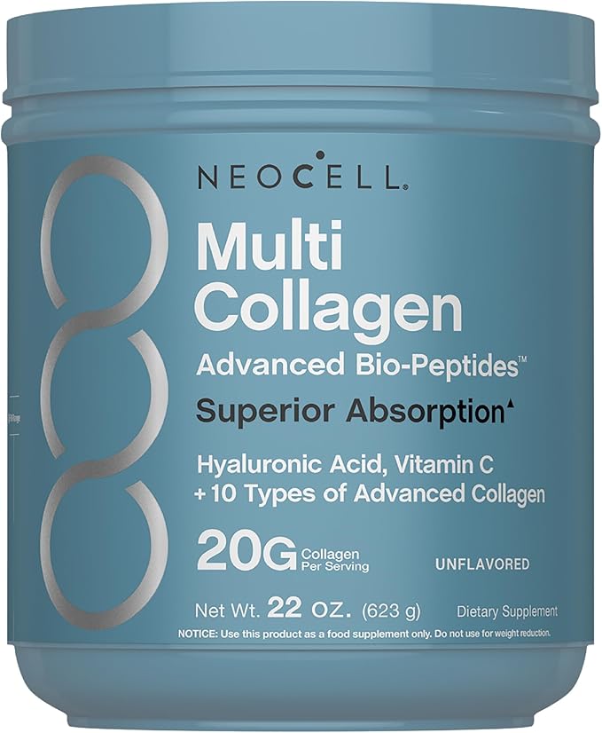 NeoCell Multi Collagen Bio-Peptides Powder | 22oz | Advanced with Hyaluronic Acid and Vitamin C | 10 Super Types of Collagen | Superior Absorption | Grassfed Protein Supplement