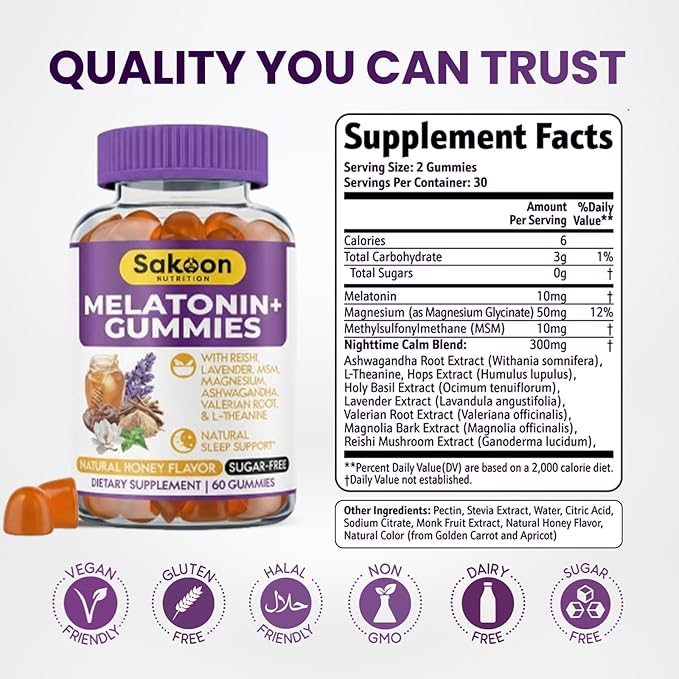 Sakoon nutrition Melatonin Gummies for Women &amp Men | 10mg Melatonin Plus Gummies with Sugar Free Natural Honey Flavor | Reishi Magnesium &amp L-Theanine | Vegan Halal Sleep Support | 60 Count