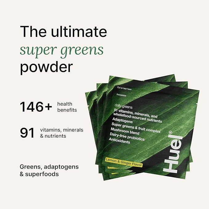 Huel Daily Greens Bundle | Single Serve Lemon and Ginger + Bottle | Superfood Greens Powder | 91 Vitamins Minerals and Wholefood-Sourced Ingredients | 12 Servings | Lockable Lid to Avoid Spills