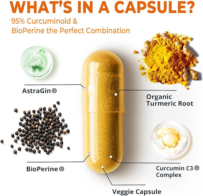 Turmeric Curcumin with BioPerine Black Pepper 1400mg Support GLP-1 Naturally Max Absorption Turmeric Supplement for Joint Support with 95% Standardized Curcuminoids C3 Complex Non GMO 120 Capsules