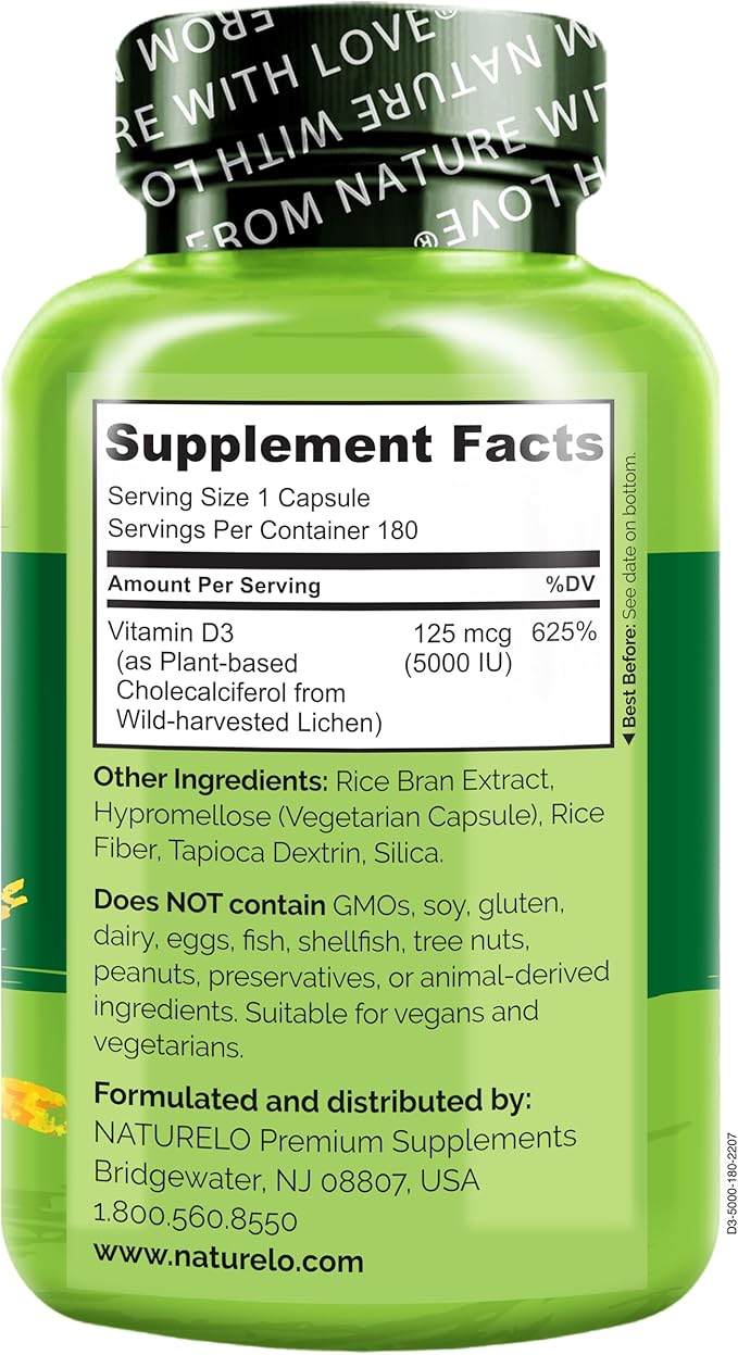 NATURELO Vitamin D - 5000 IU - Plant Based from Lichen - Natural D3 Supplement for Immune System Bone Support Joint Health - High Potency - Vegan - Non-GMO - Gluten Free - 180 Capsules (Pack of 2)