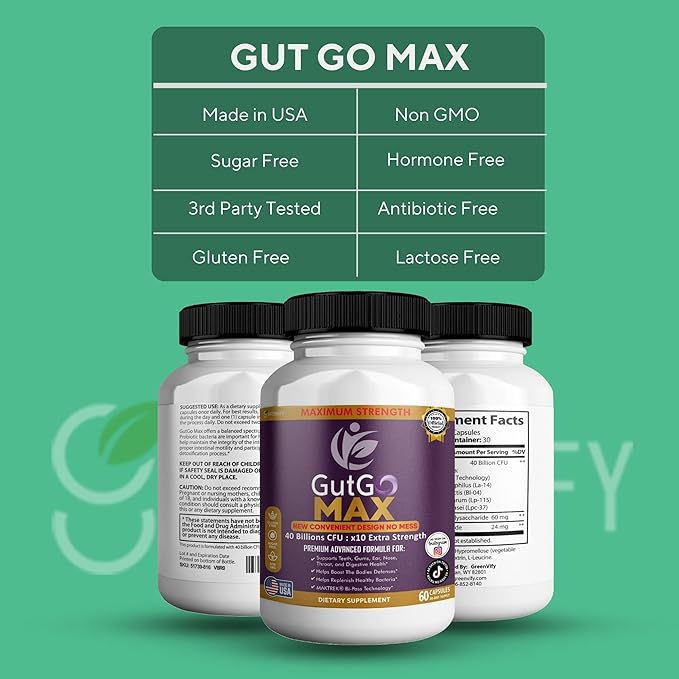 GutGo Max Probiotic Supplement 40 Billion CFU 60 Capsules Maximum Strength Gluten Free Sugar Free (3)