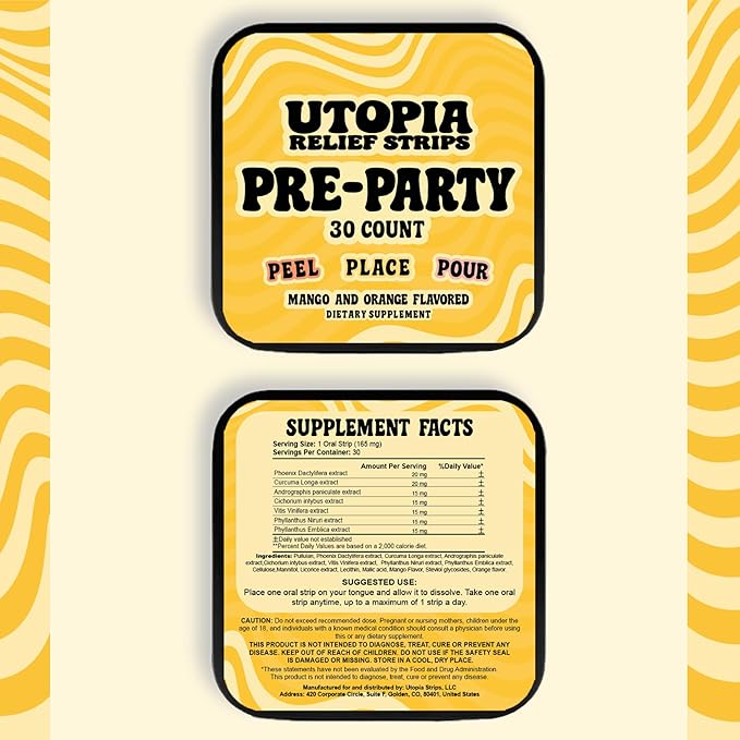 Pre Party Strips Before Beverage Supplement for Morning Support Travel Size - Fast-Acting Natural Orange Flavored Turmeric Curcumin 20 mg (30 Count)