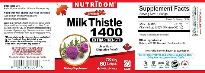 Nutridom Milk Thistle 700mg | Extra Strength | 80% Silymarin Standardized Extract | Non-GMO | 60 Softgels