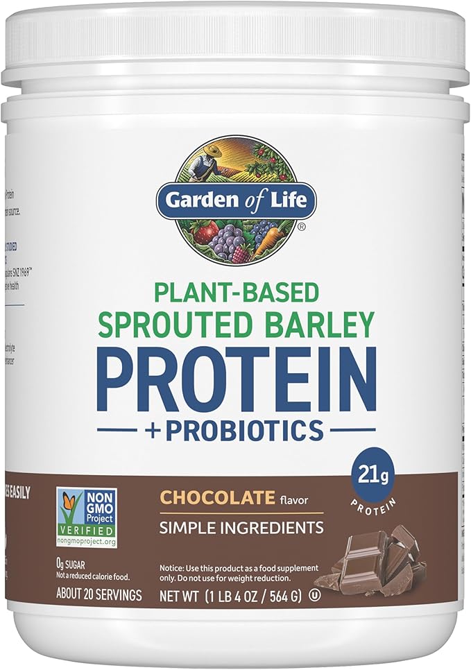 Garden of Life Plant-Based Sprouted Barley Protein Chocolate with 21g Protein 0g Sugar &amp Clean Ingredients Upcycled Barley Probiotics Non-GMO use in Shakes Smoothies &amp Baking 20 Servin
