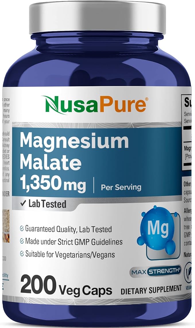 NusaPure Magnesium Malate 1350mg 200 Veggie Capsules (Vegan Non-GMO Vegan)