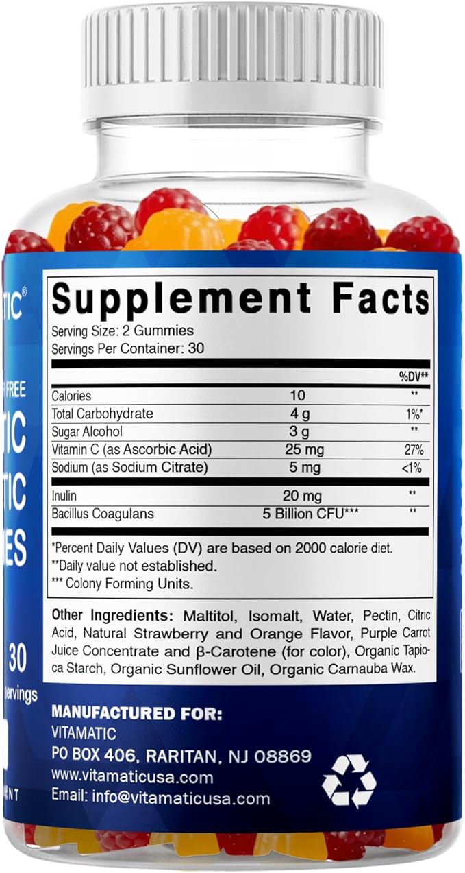 Vitamatic Sugar Free Probiotic Gummies for Men and Women – 5 Billion CFUs - 60Gummies per Bottle | 2 Pack (120 Gummies) Digestive Immune &amp Gut Health Support – Gluten Free