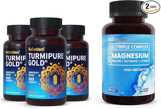 BioEmblem Triple Magnesium Complex and BioEmblem Turmeric Curcumin with Clinically Studied TurmiPure - Joint Support Healthy Inflammation Turmeric Supplements