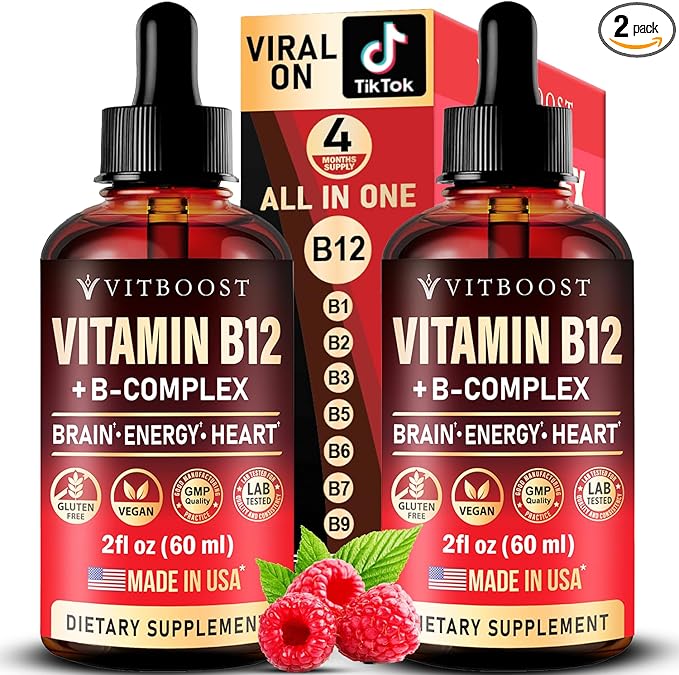 2 Pack Vitamin B Complex 20000 mcg - Vitamin B12 Sublingual Methylcobalamin Extra Strength Raspberry Liquid Drops for Women and Men - USA Made B1 B2 B3 B5B6 Biotin Folic Acid | 4fl oz (120ml)