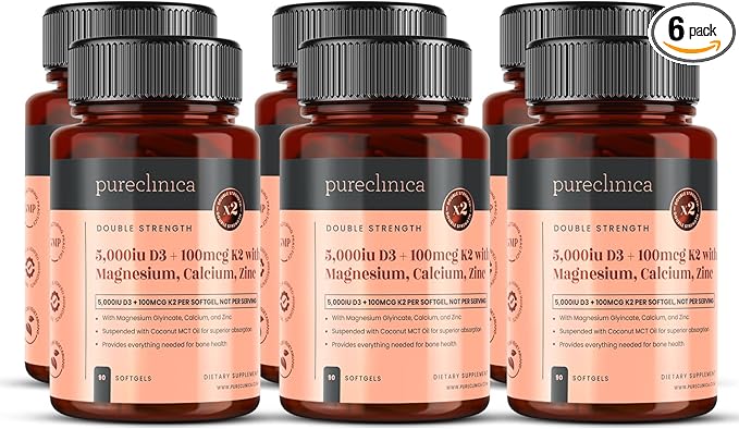 pureclinica Double Strength D3 + K2 Complex x 540 Vegan Softgels (6 Bottles of 90) – 5000 IU D3 + 100mcg K2 with Magnesium Calcium &amp Zinc – 18 Months Supply