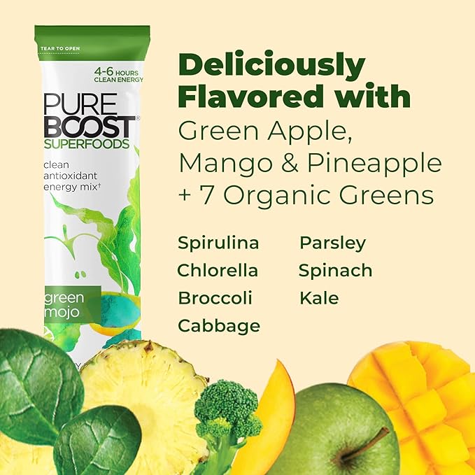 Pureboost Superfoods Clean Energy Booster Energy Drink Mix Powder with 7 Organic Green Superfoods Spirulina Kale Broccoli and Vitamins Green Apple Pineapple Mango (Green Mojo 30 Count)