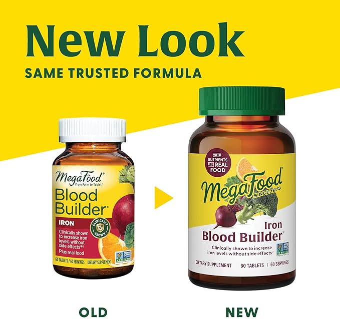 MegaFood Blood Builder Iron Supplement for Women &amp Men - Increase Iron Levels Without Side Effects - Combats Fatigue - with Vitamin B12 Folic Acid &amp Vitamin C for Absorption - Vegan - 180 Tab