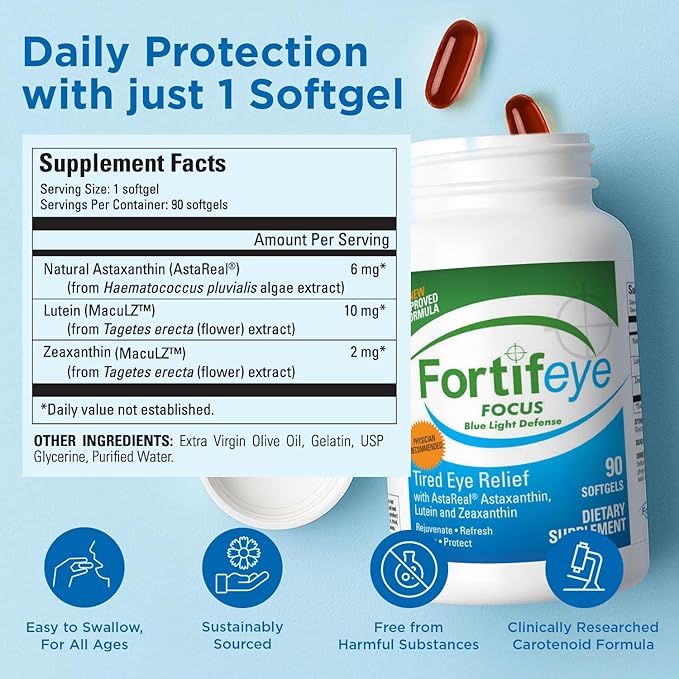 Fortifeye Focus Eye Care Supplement 90 Softgel Capsules - Triple Carotenoid Including Astaxanthin Lutein and Zeaxanthin Supplements Eye Vitamins Supports Eyes Fatigue and Blue Light Protection
