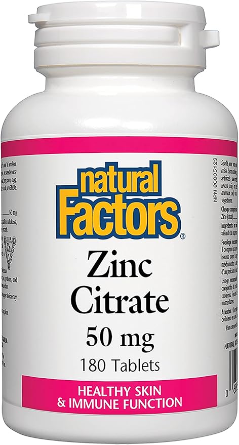 Natural Factors - Zinc Citrate 50mg Support for Healthy Skin &amp Immune Function 180 Tablets