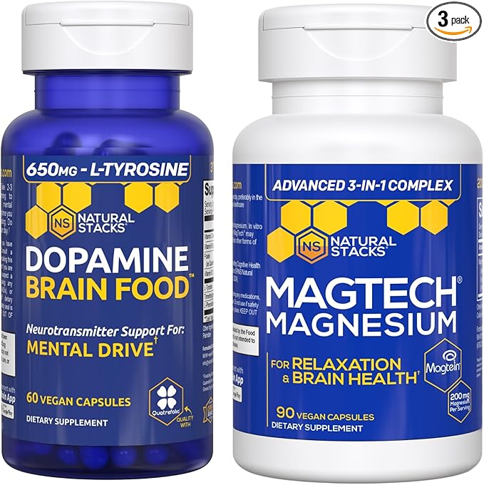 NATURAL STACKS Dopamine Brain Food + Magtech Magnesium Bundle - Chelated Magnesium Complex - Supports Brain Health &amp Mental Drive* - 150 Total Capsules