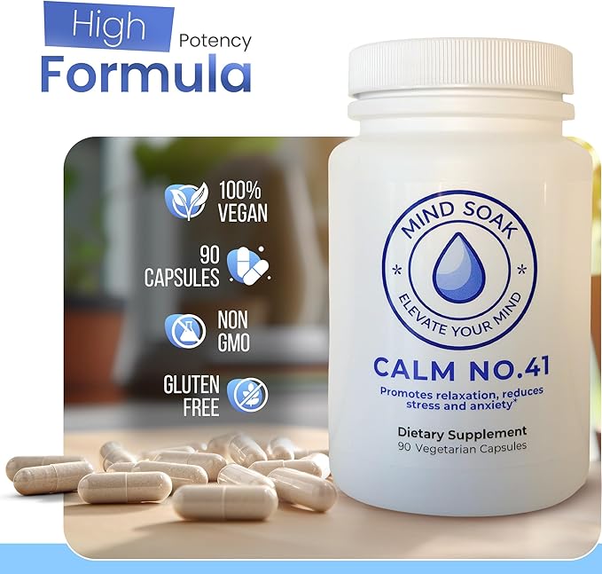 Mind Soak™ No. 41 Calm Stress Relief and Relaxation Supplement Vegan Non-GMO 90 Capsules Made in Canada