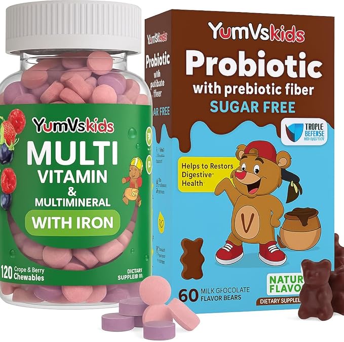 YUM-V'S Probiotics &amp Multivitamin Bundle for Kids – Probiotic with Prebiotic Fiber Chocolate Bears + Multivitamin &amp Multimineral with Iron Chewables – Digestive Immune &amp Overall Health Su