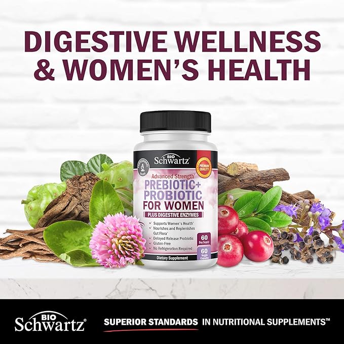 Prebiotics and Probiotics for Women - with Black Cohosh and Red Clover for Gut Vaginal and Immune Health Support Whole Food Digestive Enzymes Capsules Lactobacillus Probiotic Supplement 60 Count