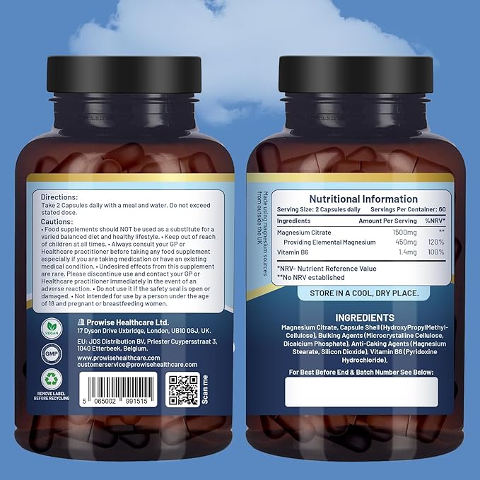 Magnesium Citrate Capsules 1500mg with Vitamin B6 | 120 Vegan Capsules | 450mg Elemental Mg | Capsule not Tablets | Made in UK by Prowise