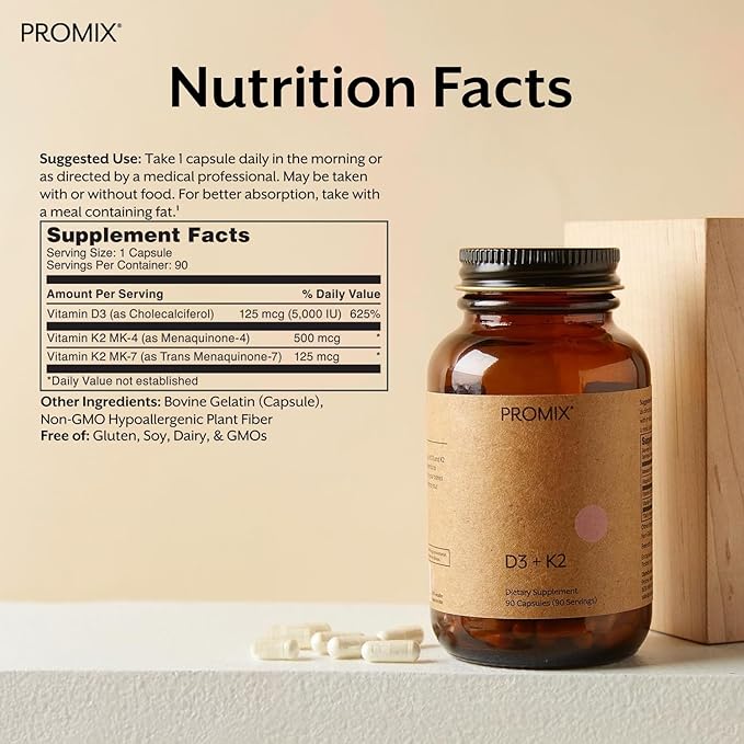 ProMix Nutrition Vitamin D3 K2 5000iu Supplement | MK4 &amp MK7 | Soy &amp Gluten Free - 90 Count Capsule