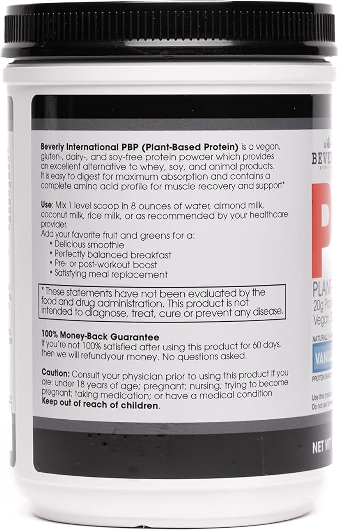 Beverly International PBP Plant Based Protein. Vegan Gluten Dairy Soy-Free. Great Vanilla Taste Smooth Easy to Digest 21g Protein per Serving (15 Servings) 1lb. Complete Amino Acid Profile.