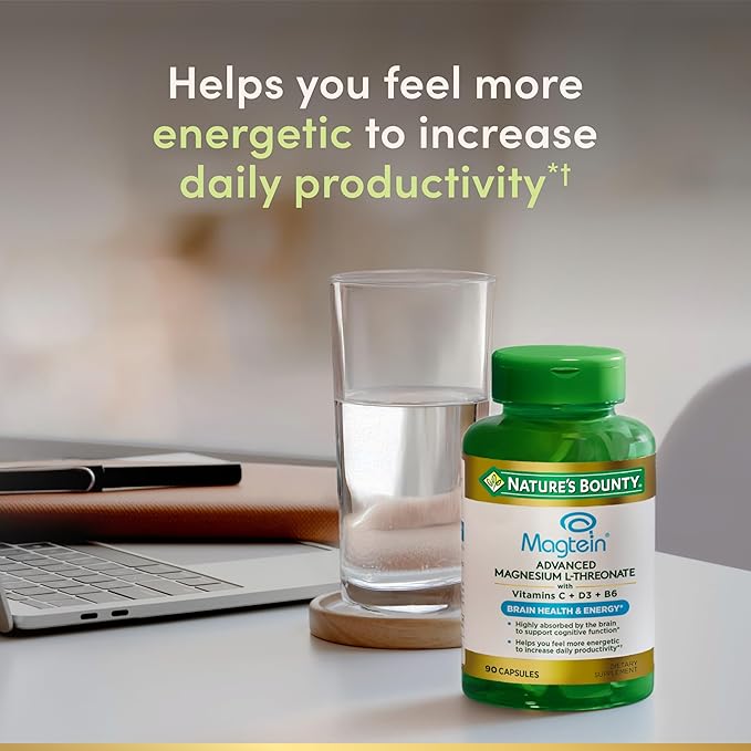 Nature’s Bounty Magnesium L-Threonate – Advanced Magnesium Supplement with Vitamin C Vitamin D3 and Vitamin B6 – Supports Brain Health Energy Nerve &amp Immune Support Supplement – 90 Capsules