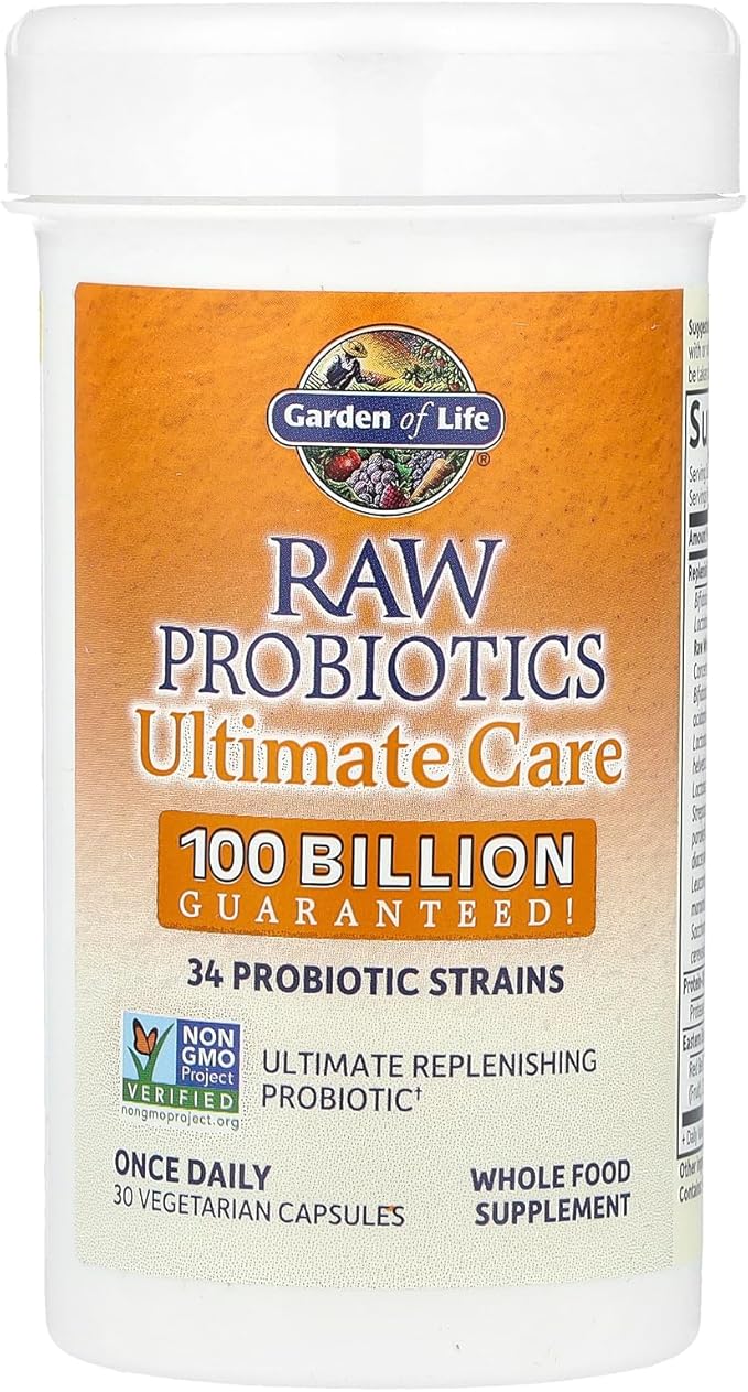 Garden of Life Raw Probiotics for Women and Men with Digestive Enzymes 100 Billion CFU Clinically Studied Strains Shelf Stable 30 Capsules