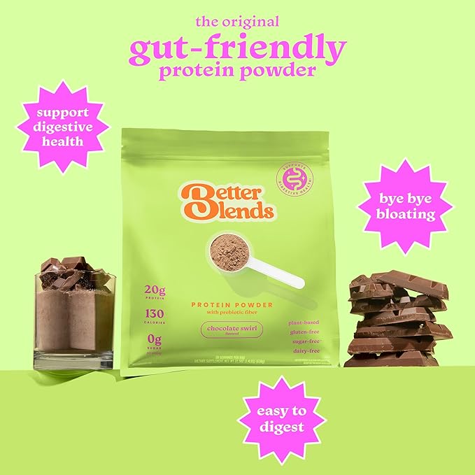 Gut-Friendly Protein Powder + Shaker Bottle for Sensitive Stomachs Low FODMAP 20g Vegan Pea &amp Rice Protein with Prebiotic Fiber Dairy &amp Gluten Free No Gums or Sugar Chocolate Swirl