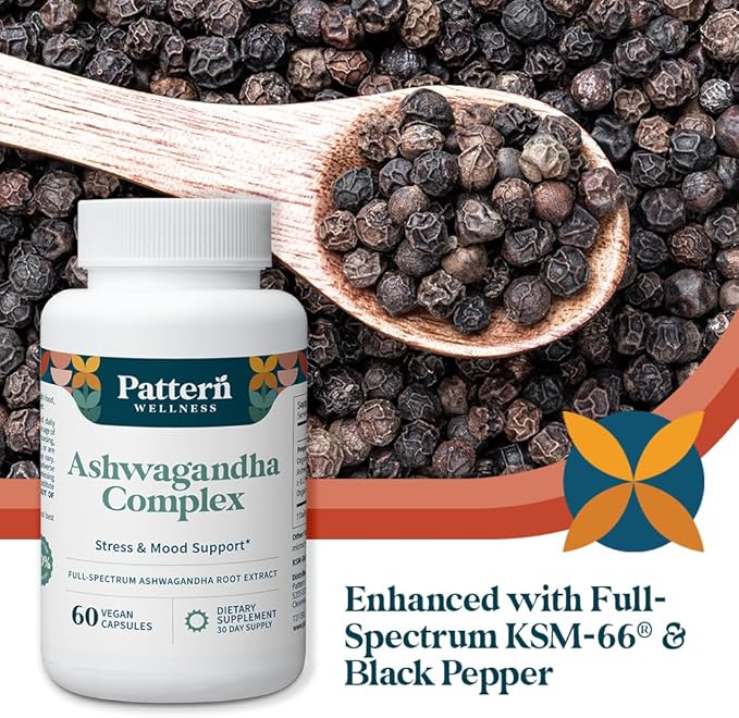 Pattern Wellness Ashwagandha Complex for Men &amp Women – Organic KSM-66® &amp Black Pepper Extract – Supports Stress Response &amp Energy Balance – Non-GMO – 360 Vegan Capsules