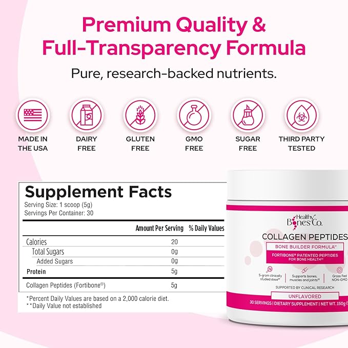 FORTIBONE Collagen Peptides Essential Bone Builder Hydrolyzed Collagen Powder for Women &amp Men Clinically-Supported for Bone Strength &amp Density Gluten Free &amp Dairy Free - Unflavored (30 S