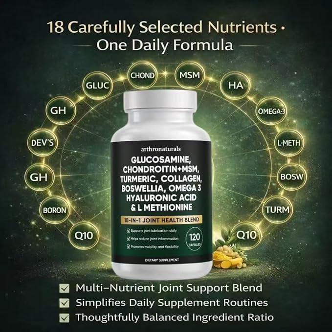 Arthronaturals 18 in 1 Joint Supplement with Glucosamine Chondroitin MSM Hyaluronic Acid Omega-3 and More for Provides Joint Support Improves Mobility &amp Long Term Health Vegan - 60 CPS (1)