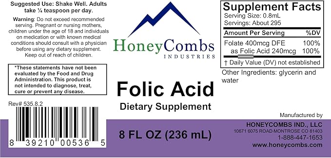 HoneyCombs Vitamin B9 Liquid Drops - High Potency Liquid Vitamin B9 Folic Acid Supplement for Women - Maintain Healthy Liver Pregnancy &amp Overall Health - Cold Pressed Vegan Vitamins Drops (8 Fl