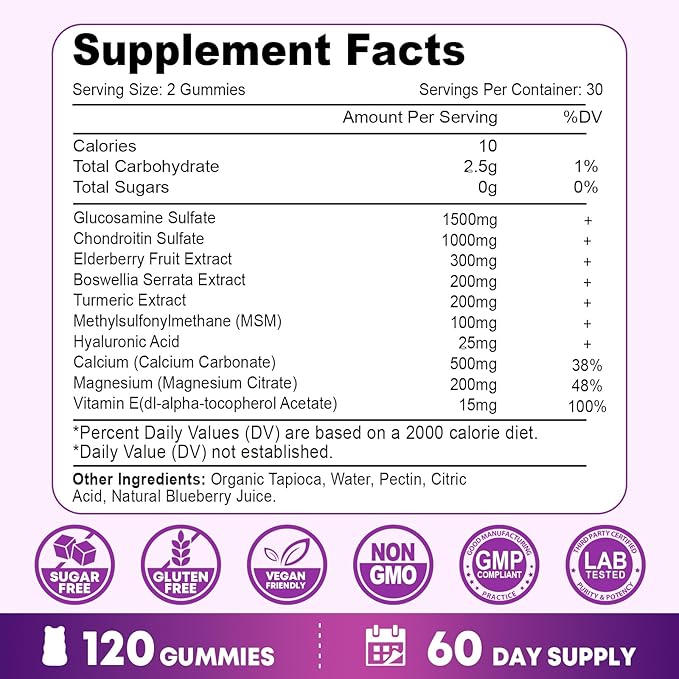 2 Pack Glucosamine Chondroitin Gummies - Glucosamine Chondroitin with MSM Elderberry Turmeric Joint Support Supplement for Adults Men &amp Women - Blueberry Flavor 120 Cts