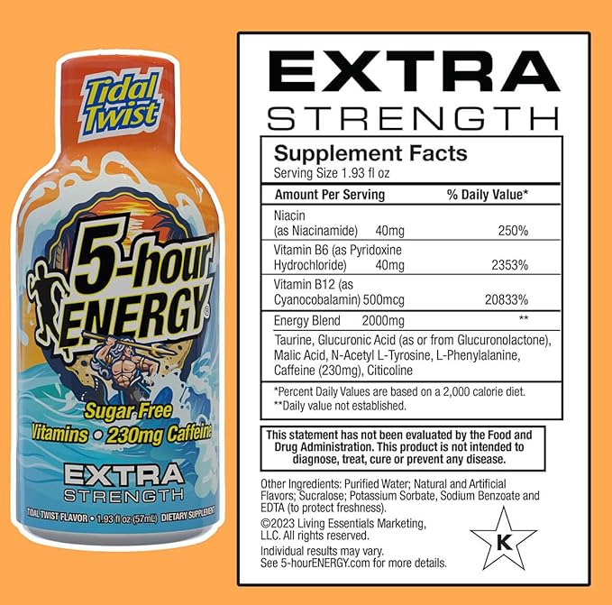 5-hour ENERGY Extra Strength Energy Shot Tidal Twist (1.93 oz. 30 Count) Zero Calories &amp Sugar-Free 230 mg Caffeinated Energy Shot Amino Acids &amp B Vitamins Dietary Supplements  Pina-Col
