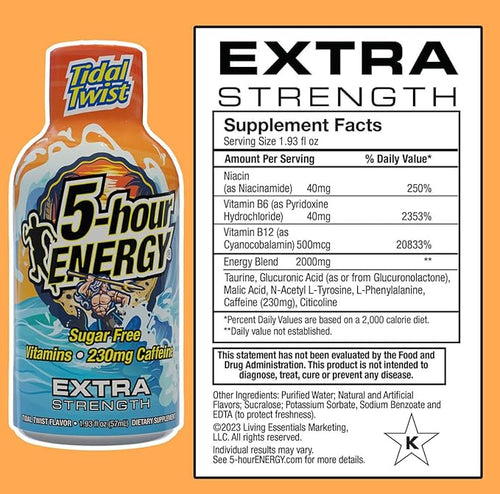 5-hour ENERGY Extra Strength Energy Shot Tidal Twist (1.93 oz. 30 Count) Zero Calories &amp Sugar-Free 230 mg Caffeinated Energy Shot Amino Acids &amp B Vitamins Dietary Supplements  Pina-Col