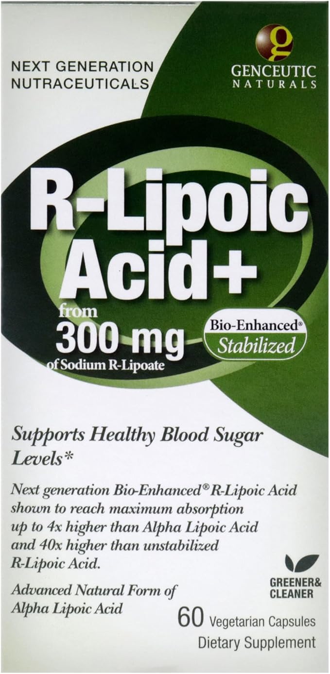 Genceutic Naturals R-Lipoic Acid Dietary Supplement | Vegetarian | Vegan | Gluten Free | Non GMO | 300mg (60 Capsules) | Single Count