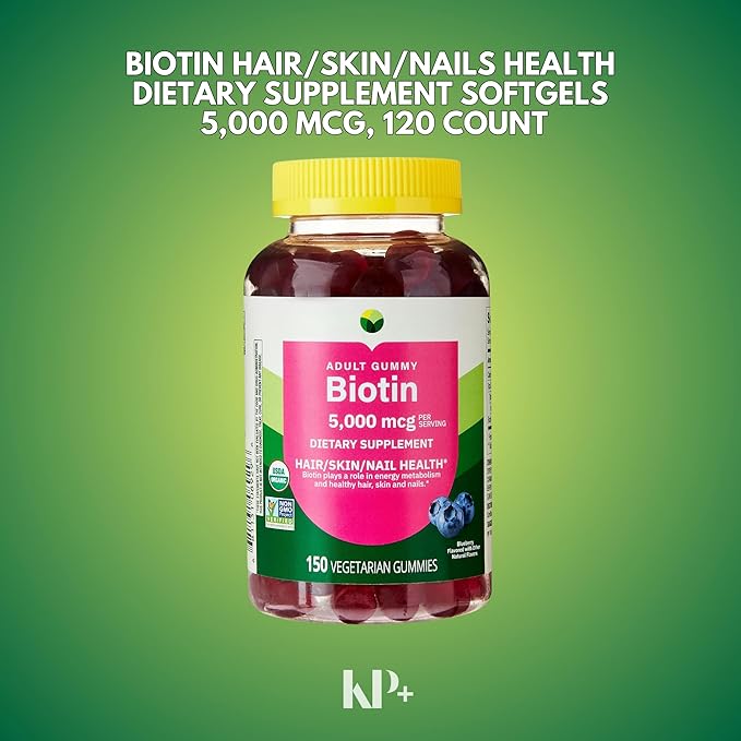 KP+ Biotin | Biotin 5000 mcg Gummies | Supports Hair Skin &amp Nail Health | 150 Vegetarian Gummies | Blueberry Flavor | Pack of 1