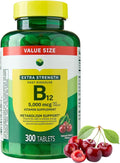Extra Strength Vitamin B12 Fast-Dissolve Tablets 5000 mcg - Cherry Flavor 300 Count - Daily B12 Supplement (Pack of 1)