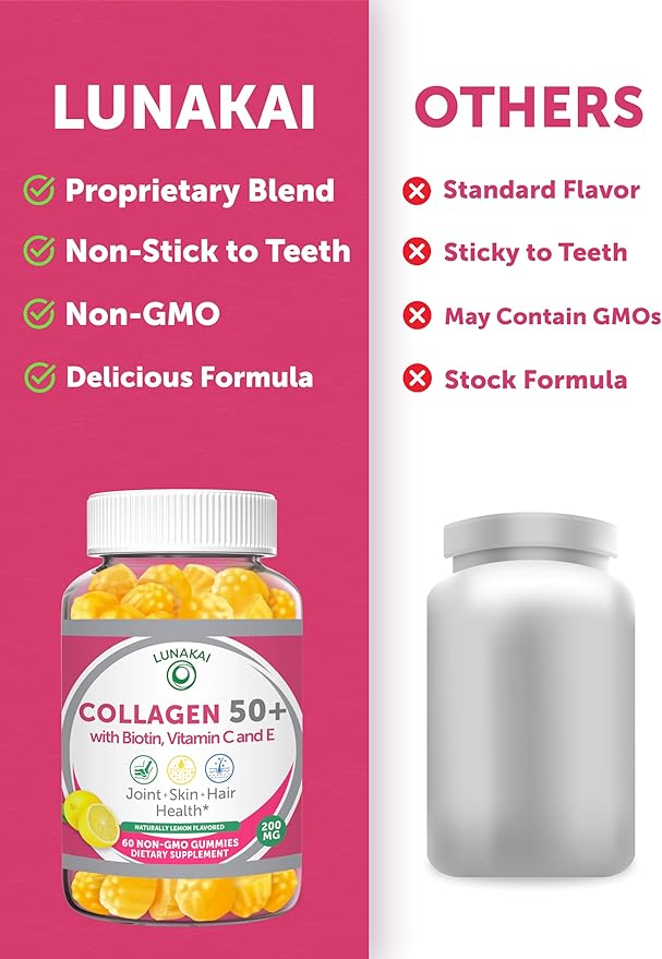 Lunakai USA Made Collagen Gummies for Women &amp Men Over 50 Biotin &amp Vitamin C Supports Skin Elasticity Hair &amp Nail Strength Joint Support - 6 Pack