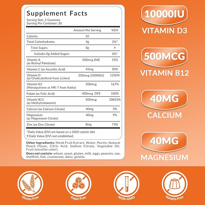 Vitamin D3 B12 Gummies Vitamin D and B12 Gummy Suppment with Vitamin A C K Calcium Magnesium Zinc for Women &amp Men