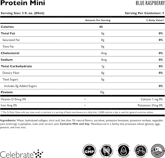 Celebrate Vitamins Collagen Mini Drink – Hydrolyzed Collagen Peptides Skin Hair Nails Joint Support – 10g Protein Types I &amp III Sugar-Free Gluten-Free Ready-to-Drink Low-Calorie Beauty &amp W