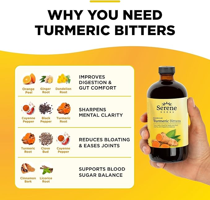 Serene Herbs Liquid Turmeric with Black Pepper - Turmeric Shots Curcumin Supplement 1000mg Extra Strength Herbal Drink Digestive Bitters for Bloating Relief Joint Health Energy &amp Clarity - 16oz