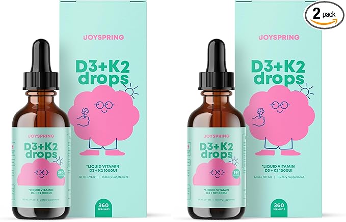 JoySpring Vitamin D3 Kids Drops with K2 – Liquid Supplement for Calcium Absorption &amp Joint Health – 360 Servings (2 fl oz) – Vitamin D Kids Ages 3-18 (Pack of 2)