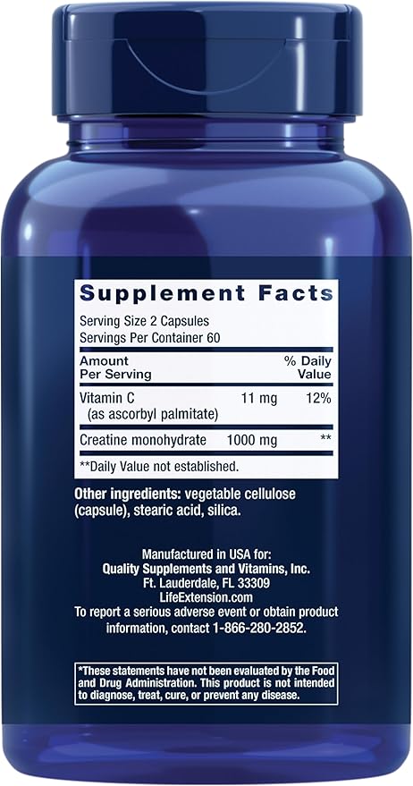 Life Extension Creatine Capsules and Taurine Supplement Bundle - 120 Creatine Capsules Promoting Strength and 1000mg Taurine for Heart Health
