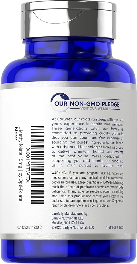 Carlyle L Methylfolate 15mg | 120 Capsules | Value Size | Max Potency | Optimized and Activated | Non-GMO Gluten Free Supplement | Methyl Folate 5-MTHF | by Opti-Folate