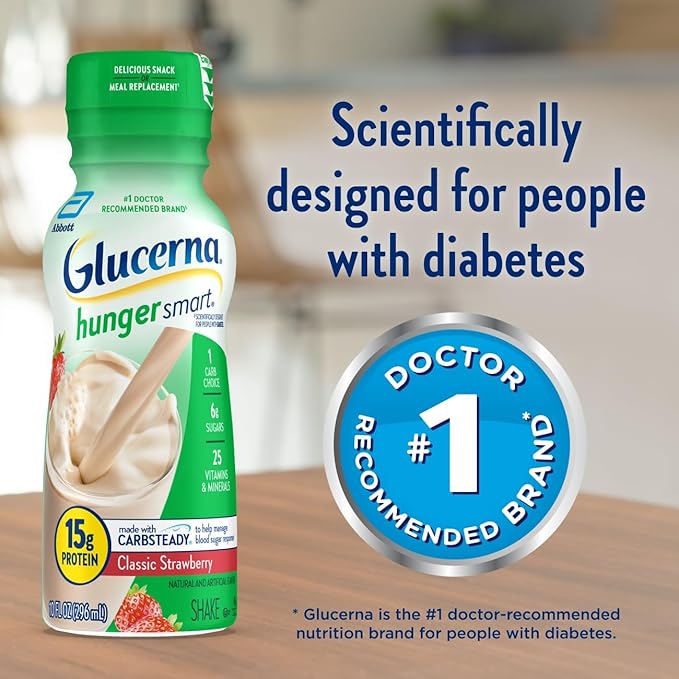 Glucerna Hunger Smart Diabetes Care Shake Classic Strawberry Diabetic Meal Replacement to Support Blood Sugar Management 15g Protein 180 Calories Ready to Drink 10 Fl Oz 24 Pack