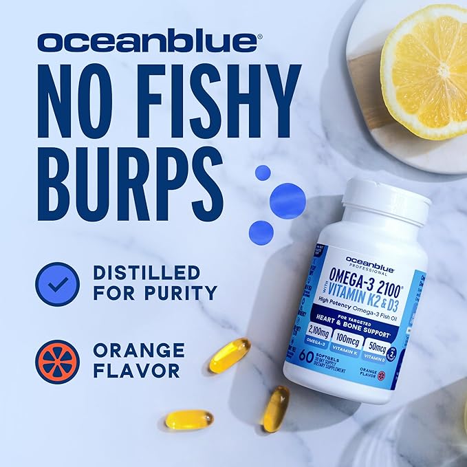 Oceanblue Professional Omega-3 2100 with Vitamin K2 and Vitamin D3-60 Count 2 Pack - Triple Strength Burpless Fish Oil Supplement with EPA DHA &amp DPA - Wild Caught - Orange Flavor - 60 Servings