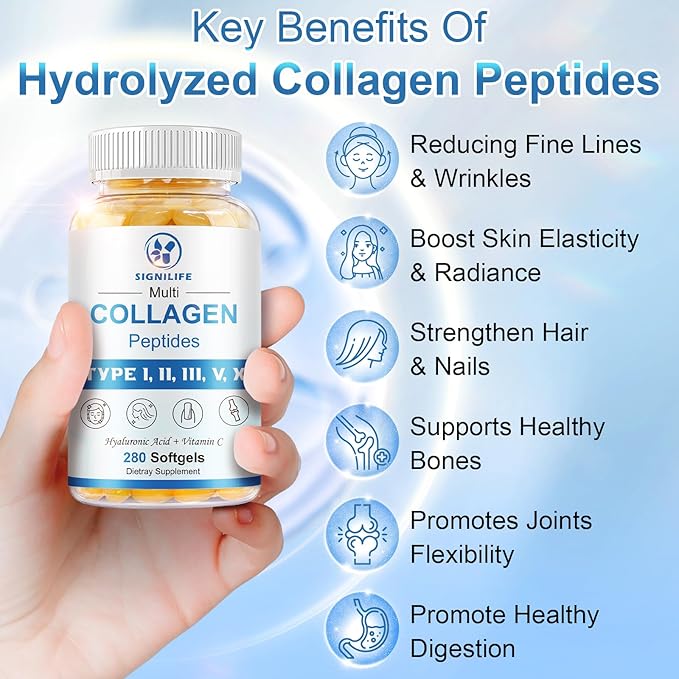 Multi Collagen Peptides for Women &amp Men Hydrolyzed Collagen Peptides-Type I II III V X - with Hyaluronic AcidVitamin CBiotinSupports Skin Hair Nail Non-GMO 280 Softgels
