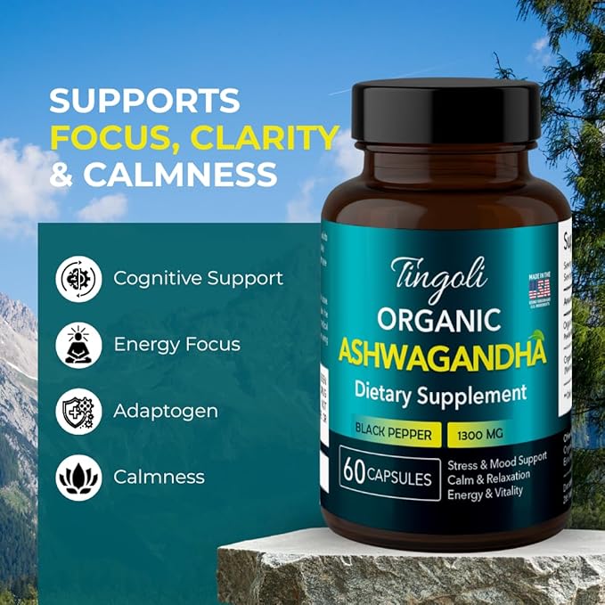 Organic Ashwagandha 1300mg with Black Pepper for Enhanced Absorption | Stress &amp Mood Support Calm &amp Relaxation Energy &amp Vitality | Vegan Non-GMO | 60 Capsules | Made in USA