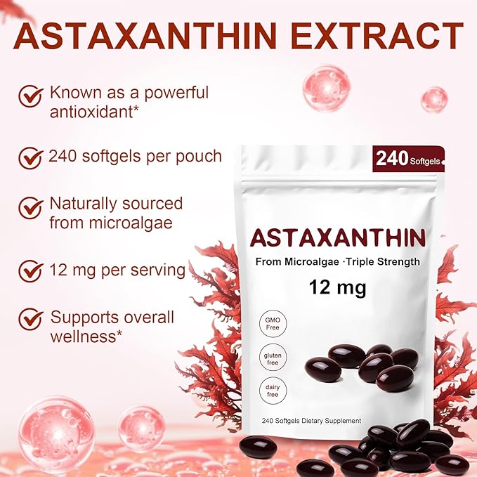 Astaxanthin 12mg Premium Astaxanthin Antioxidant Supplements with Antioxidant Activity Supports Eye Immune Skin Health Internal Circulation-240 Softgels